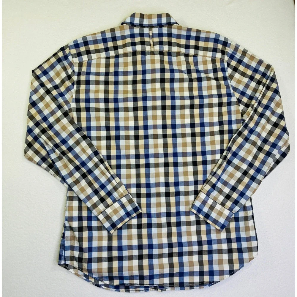 Banana Republic Mens Grant Fit Custom 078 Wash Shirt Blue Tan Check Gingham